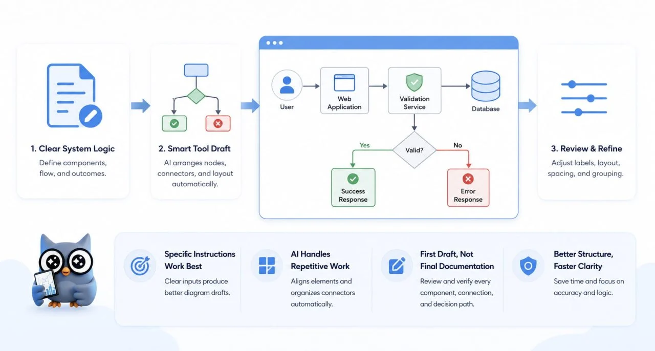 Workflow eines intelligenten Diagrammtools von Systemlogik zu KI-Entwurf und manueller Prüfung