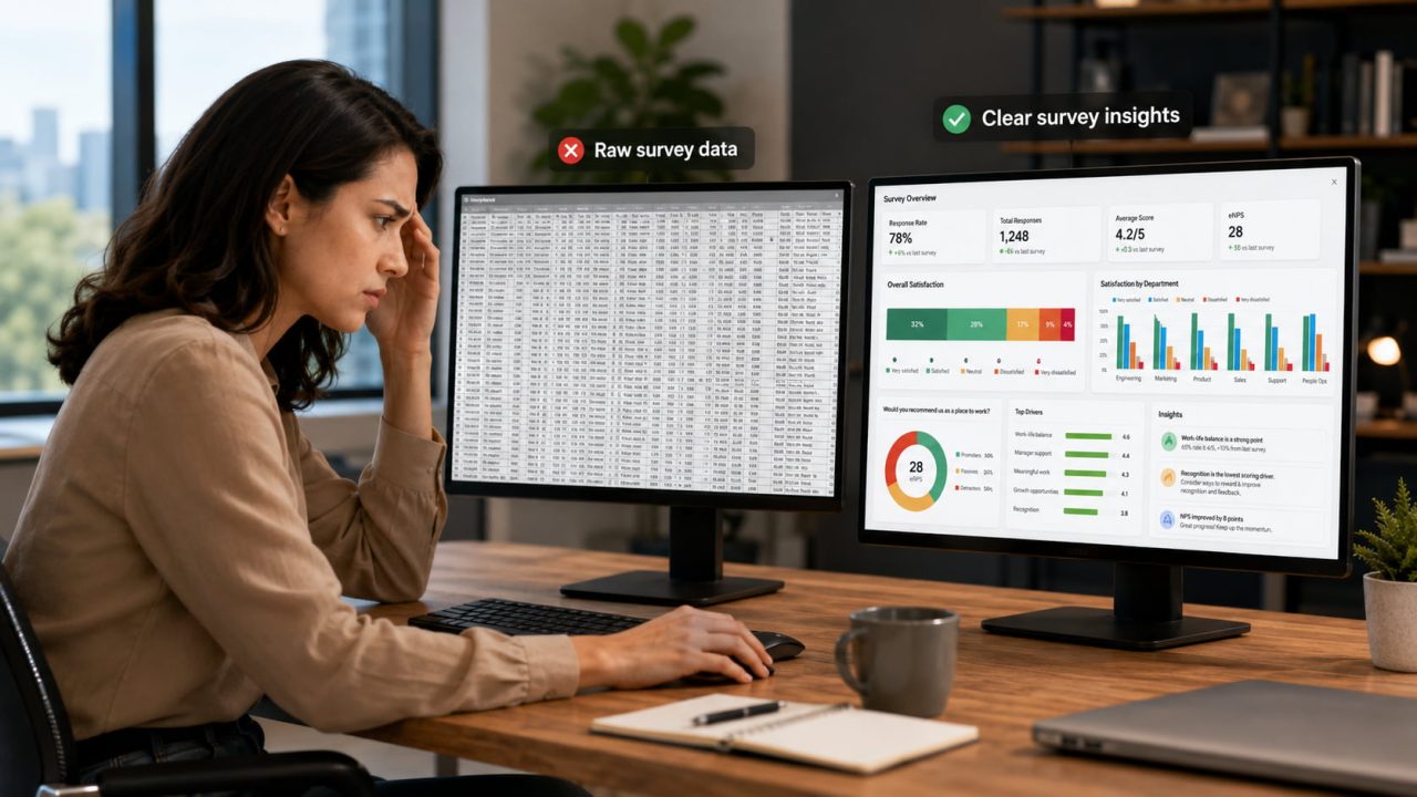 Dashboard de pesquisa com gráficos empilhados e cartões KPI