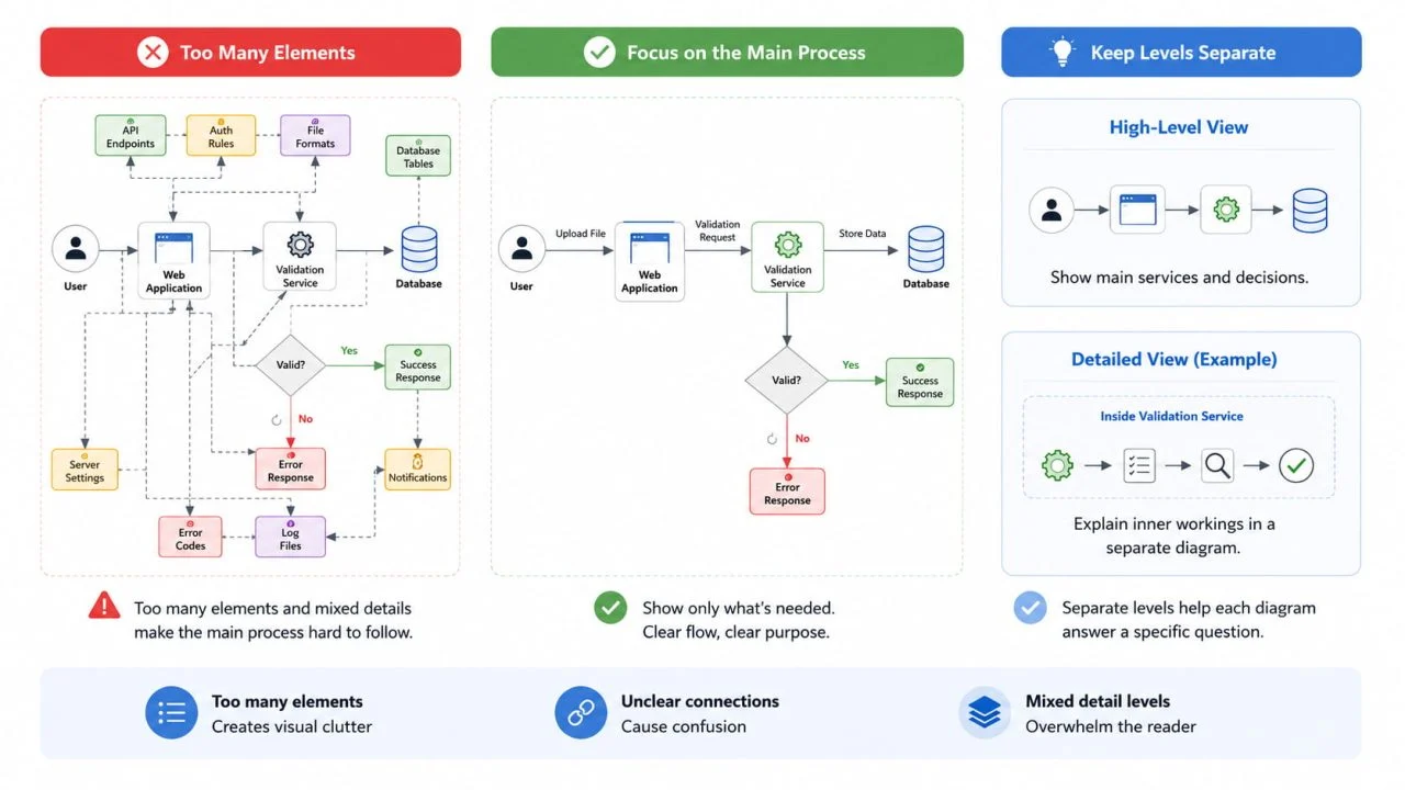 Comparación de diagrama de bloques con demasiados elementos frente a un proceso principal enfocado