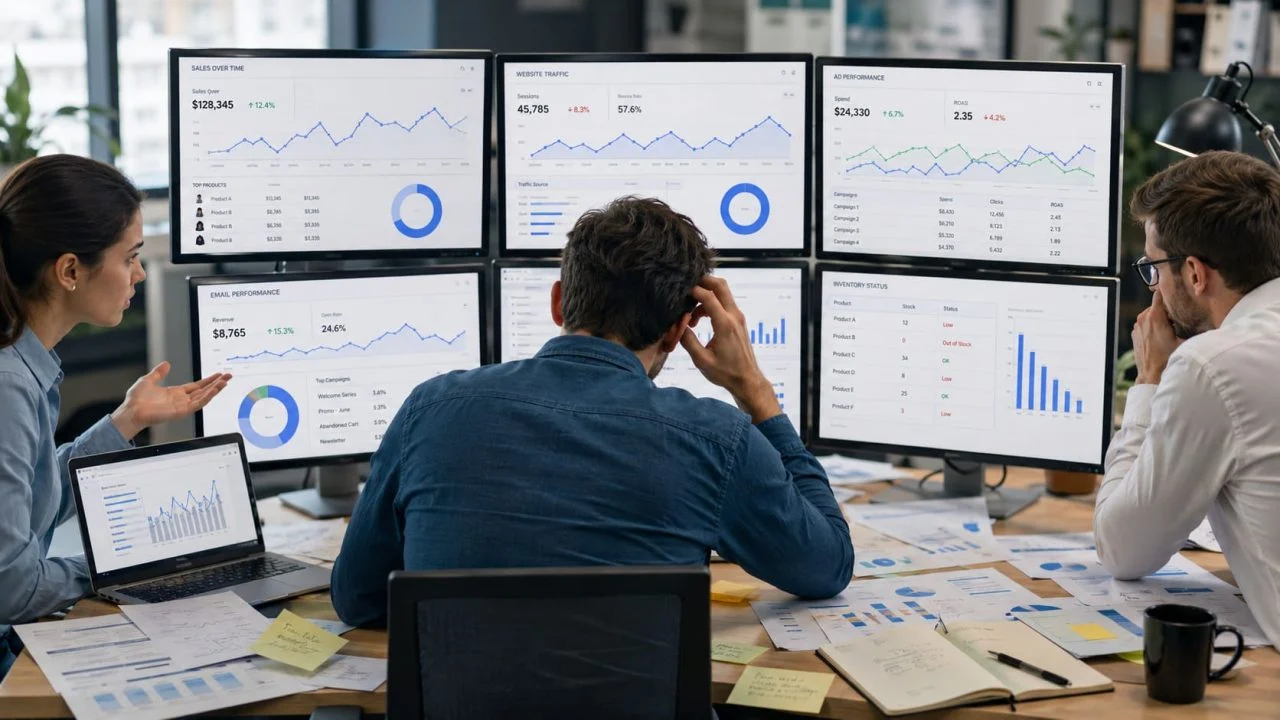 Tableau de bord e-commerce avec KPI manquants et graphiques de revenus