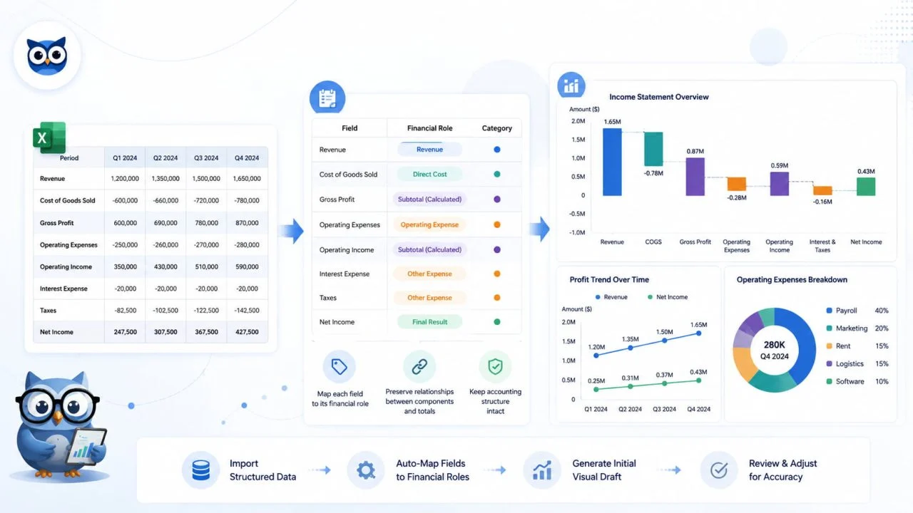 Flusso del produttore di grafici per report contabili dall'import Excel al dashboard finanziario mappato