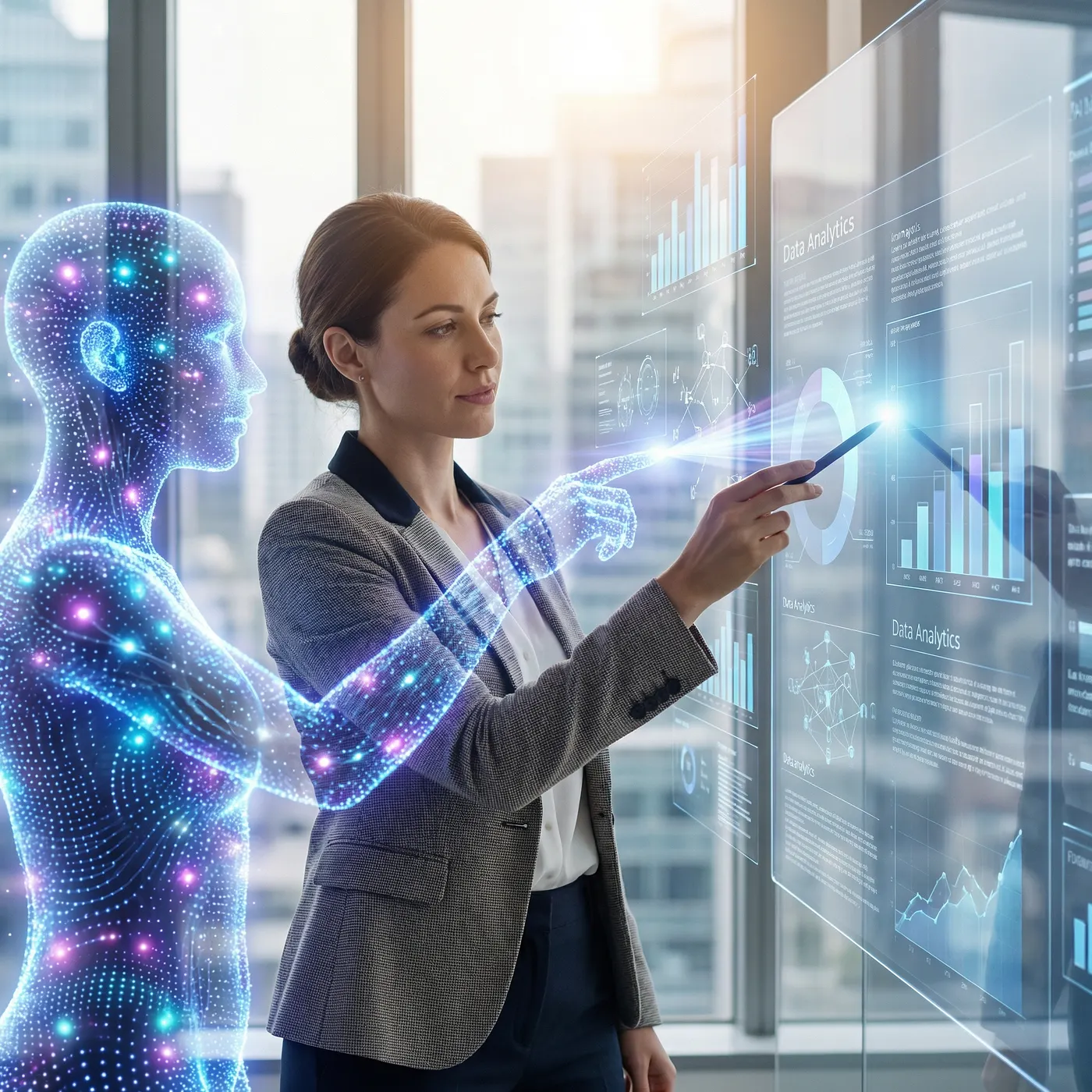 一位专业人士和一个全息 AI 形象同时指向一个共享的数据分析显示屏