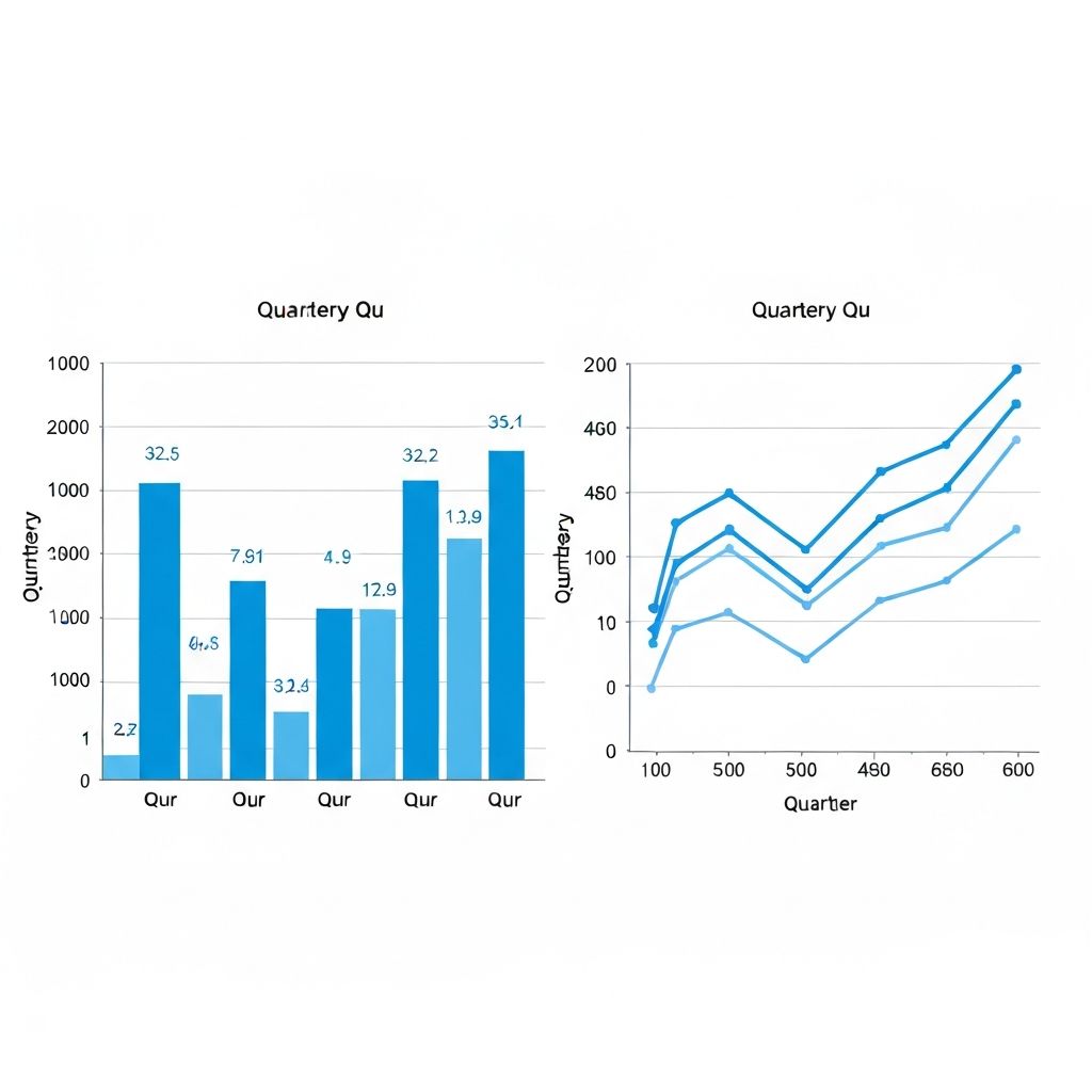 Side-by-side comparison of bar chart and line chart visualizing the same quarterly revenue data in ChartGen blue, demonstrating when to use each chart type for business analytics