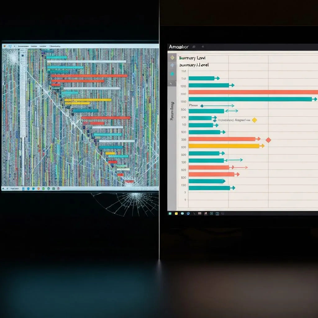 Cluttered, noisy Gantt versus clean summary-level timeline