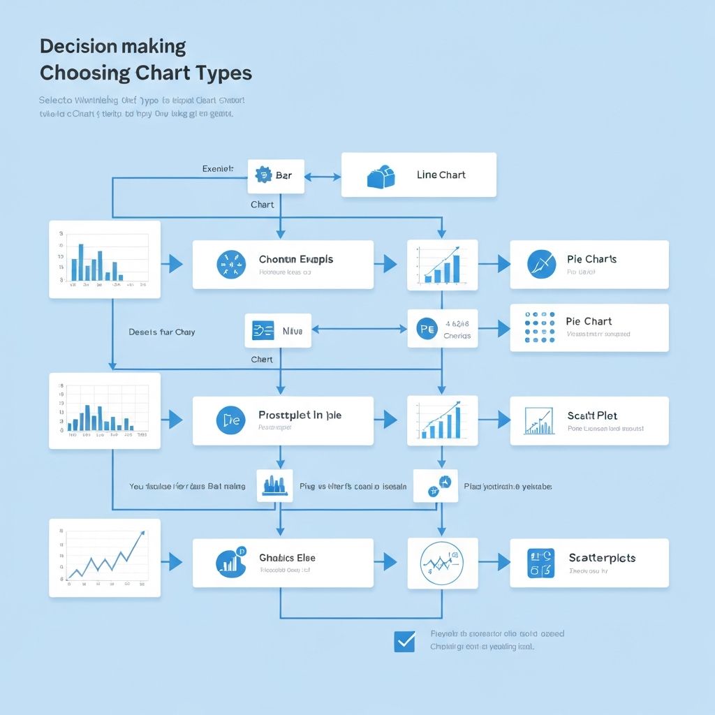 Comprehensive chart selection flowchart showing decision tree for choosing between bar, line, pie, scatter plots and other chart types with ChartGen blue color scheme and McKinsey consulting style layout