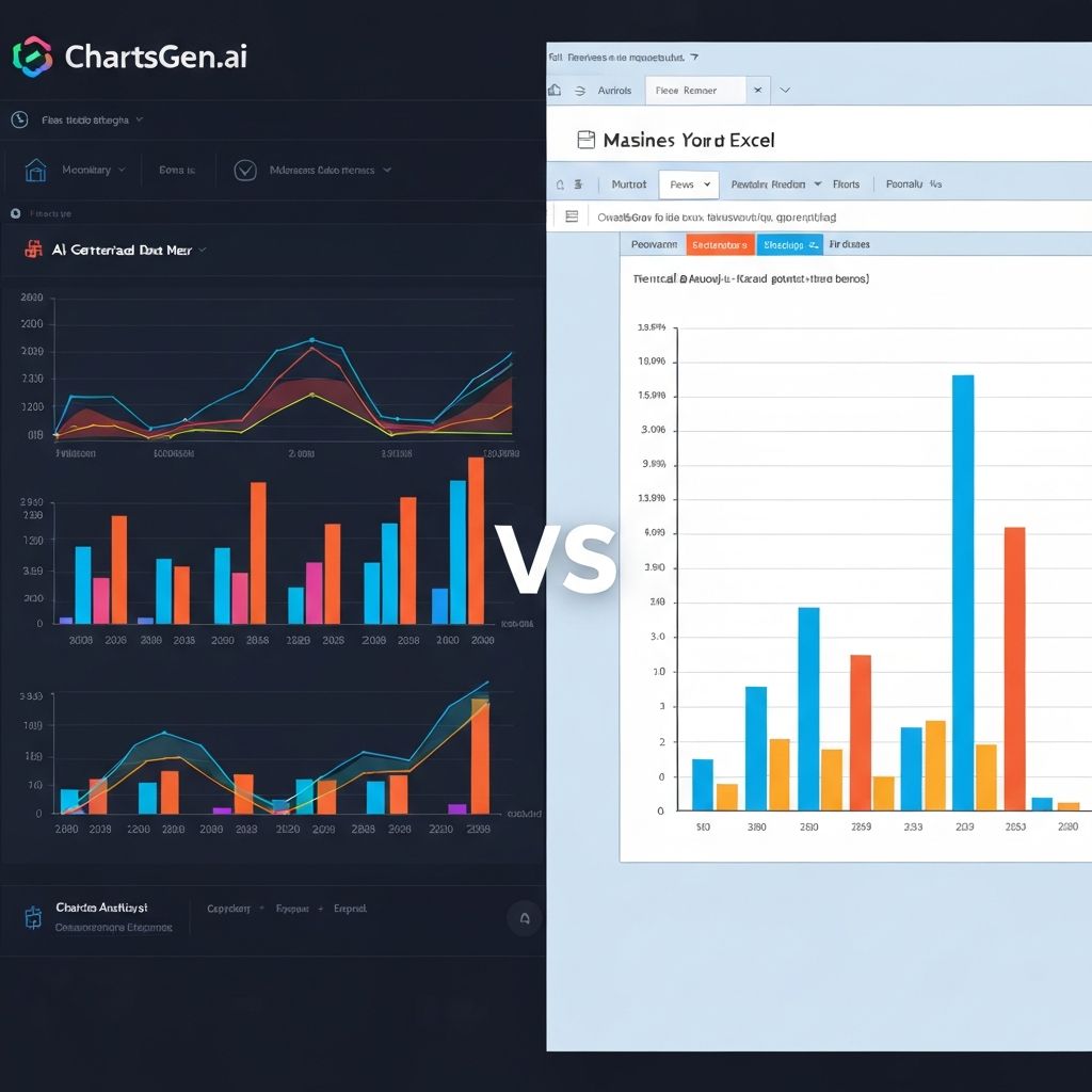 Side-by-side comparison of ChartGen AI-powered charts versus traditional Excel charts showing superior design quality and automated insights