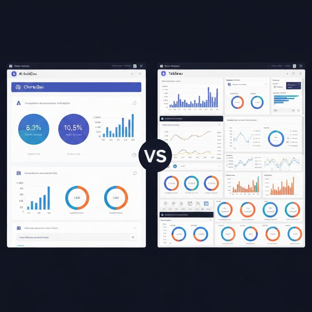 Enterprise data visualization tools comparison showing ChartGen's AI-powered approach versus Tableau's traditional business intelligence platform interface