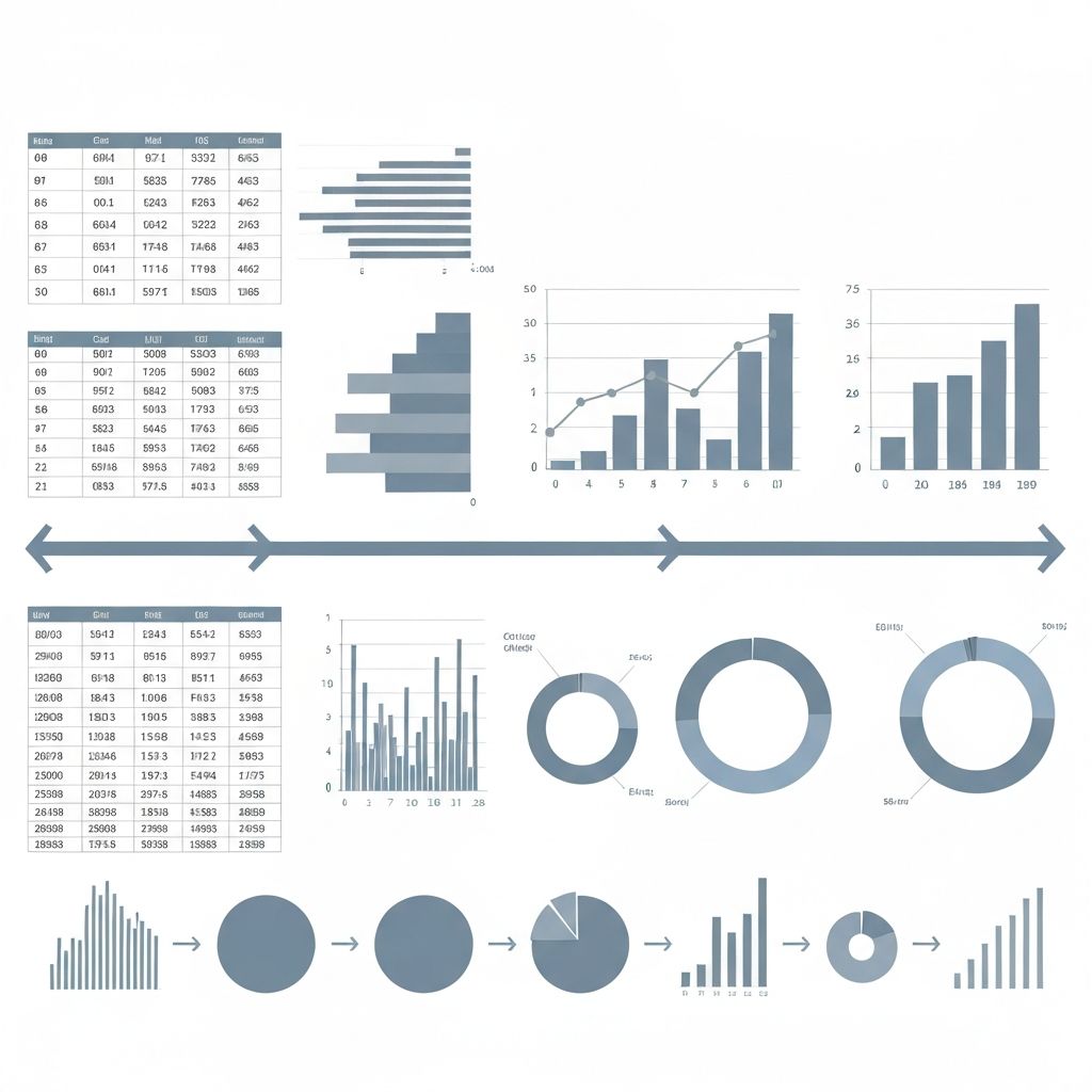 Visual narrative arc showing progression from data exploration through insights to compelling conclusions with connected charts telling a cohesive story