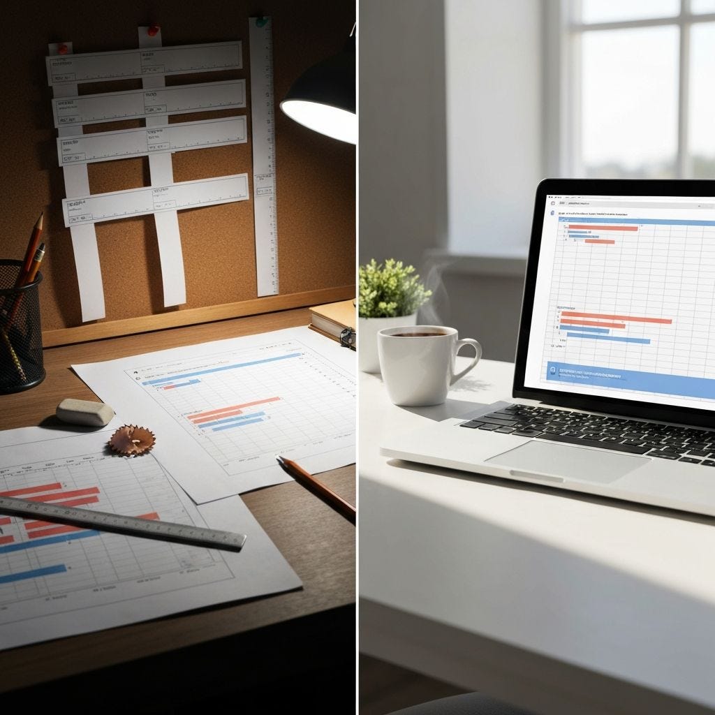 Fluxo de trabalho de planejamento manual antigo versus linha do tempo gerada por IA