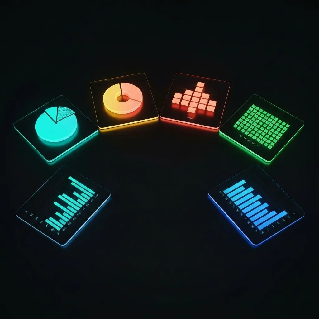 Six glowing tiles showing pie, donut, stacked bars, waffle grid, and column charts