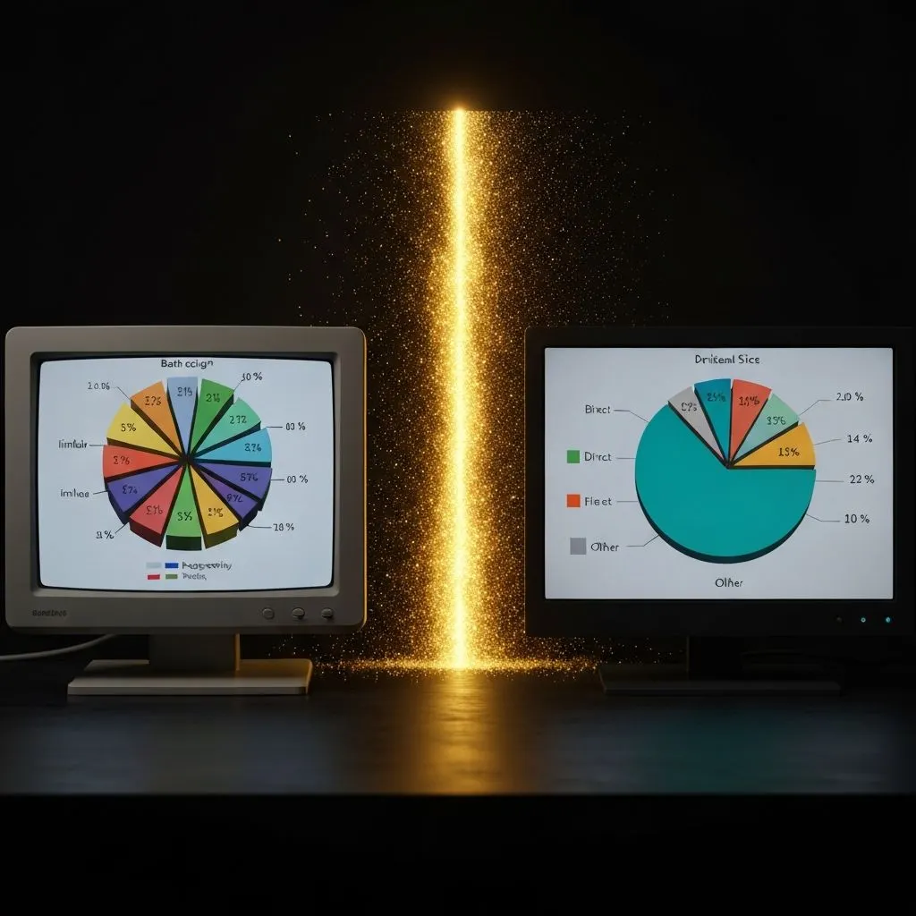Old CRT monitor with cluttered pie chart beside modern monitor with clean pie chart