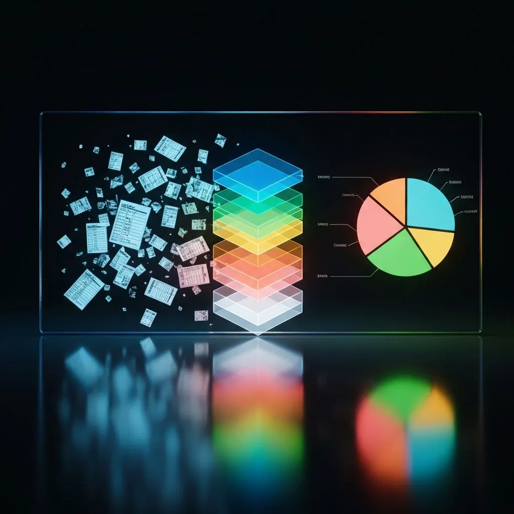 Concept art from messy data icons through layered processing to a clean labeled pie chart