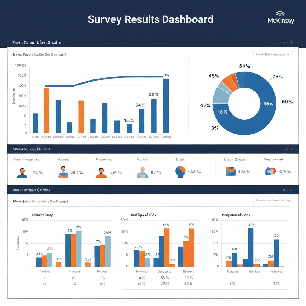 Survey results visualization dashboard showing Likert scale responses, demographic breakdowns, and multiple choice data in ChartGen's professional blue color scheme for research analysis