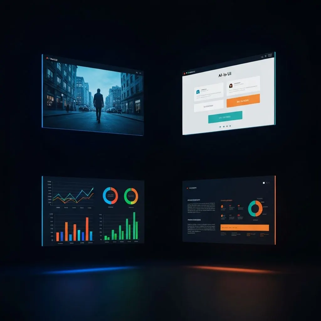 Four categories of visual AI output: video, UI, charts, and dashboards