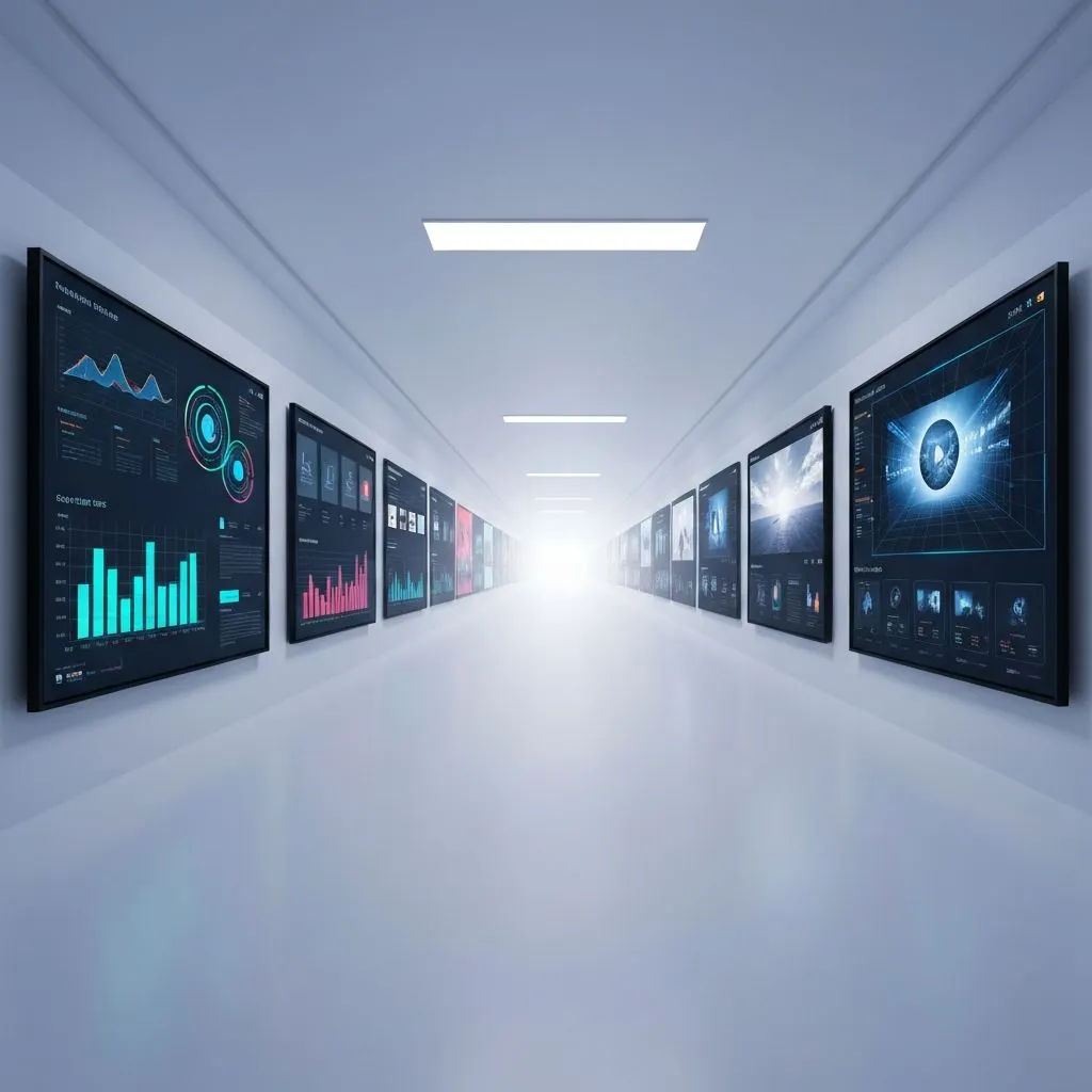 Futuristic corridor lined with dashboards and media — visual-first AI environments