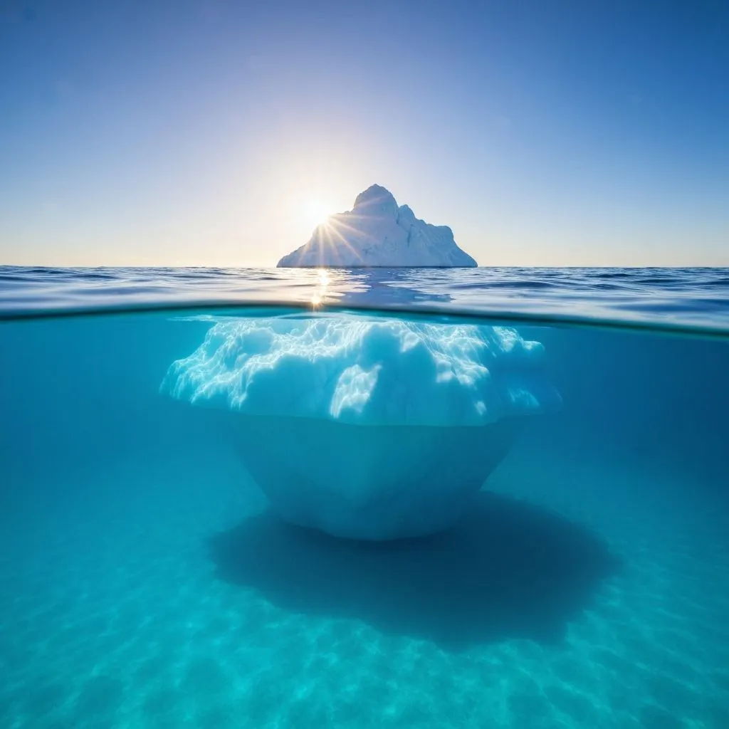 Iceberg metaphor: visible AI output versus deep rendering and pipelines underneath