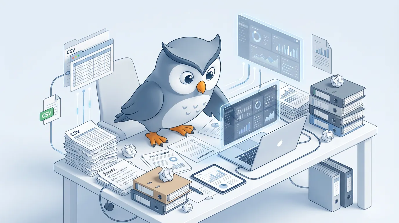 Isometric illustration of an owl analyst at a tidy desk with laptop, tablet, labeled CSV and survey papers, and floating holographic dashboards