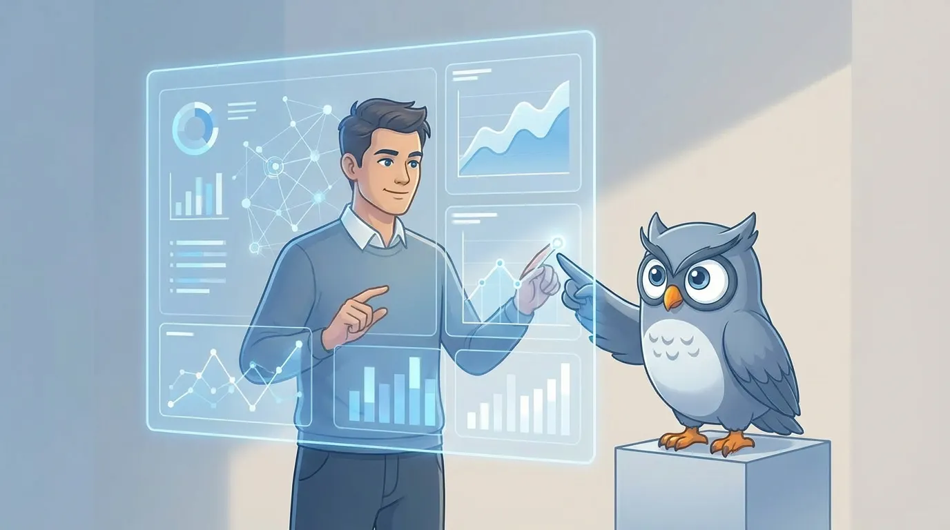 Human analyst and owl AI assistant both pointing at the same region of a shared holographic dashboard of charts
