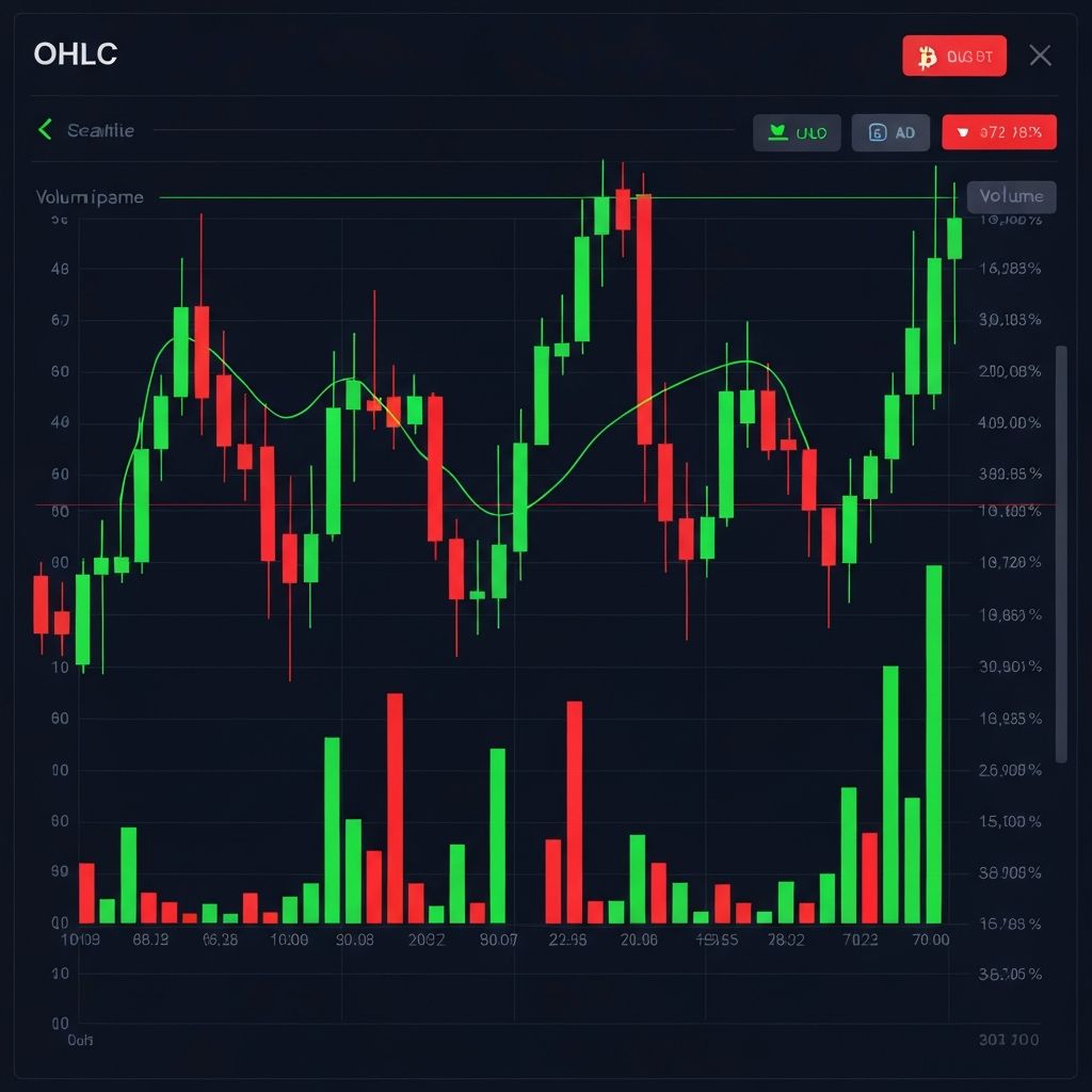 Cryptocurrency Bitcoin OHLC chart showing high volatility price swings